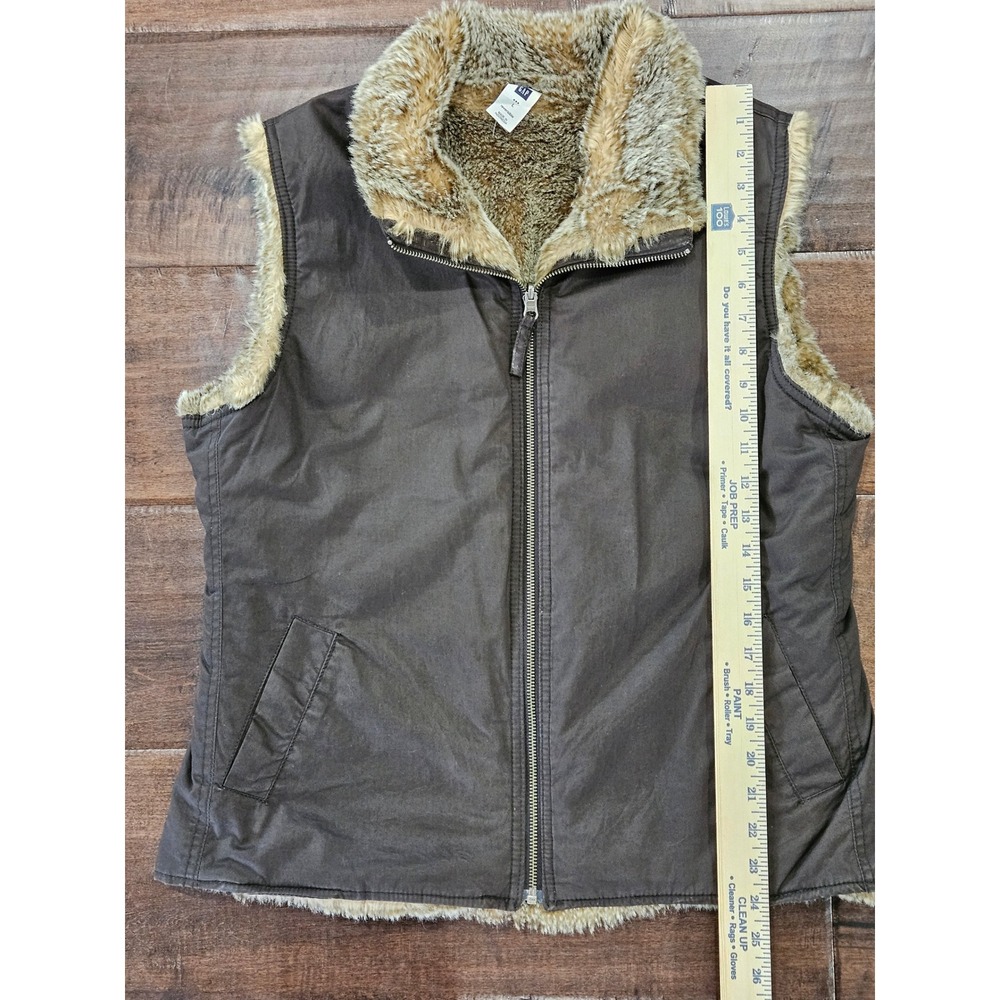 Y2k VTG Boho Rustic Gap Womens Reversible Faux Fur Vest Brown Full Zip L - Picture 4 of 8